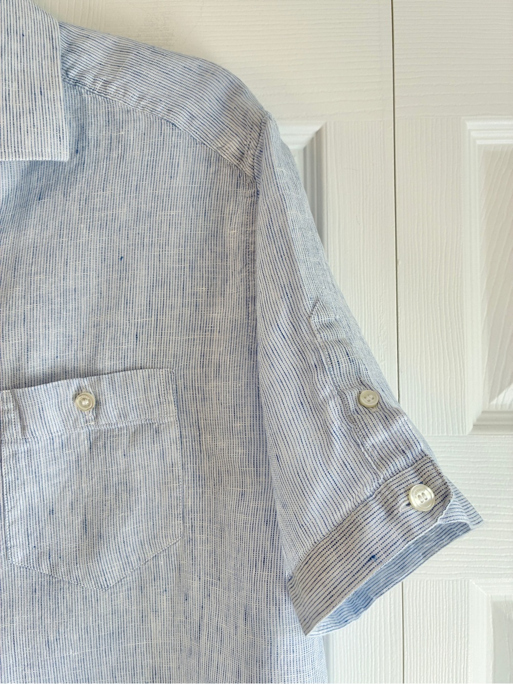 Murano Baird McNutt 100% Linen Shirt L Blue Stripe Short Sleeve Coastal Resort - Picture 3 of 12